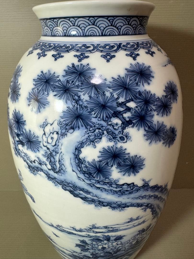 2741 三川内焼　染付唐子図　花瓶　昭和44年　陽山末太郎作