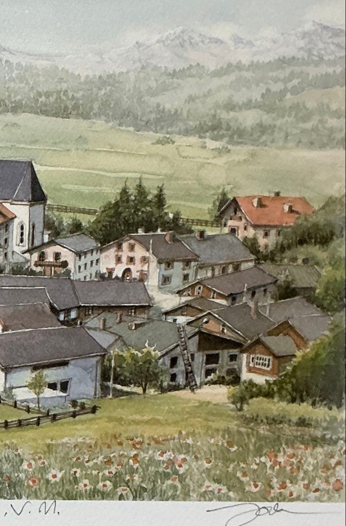 絵画・版画・リトグラフ・織田義郎・スイス・サンタマリアV.M・アルプス・世界遺産