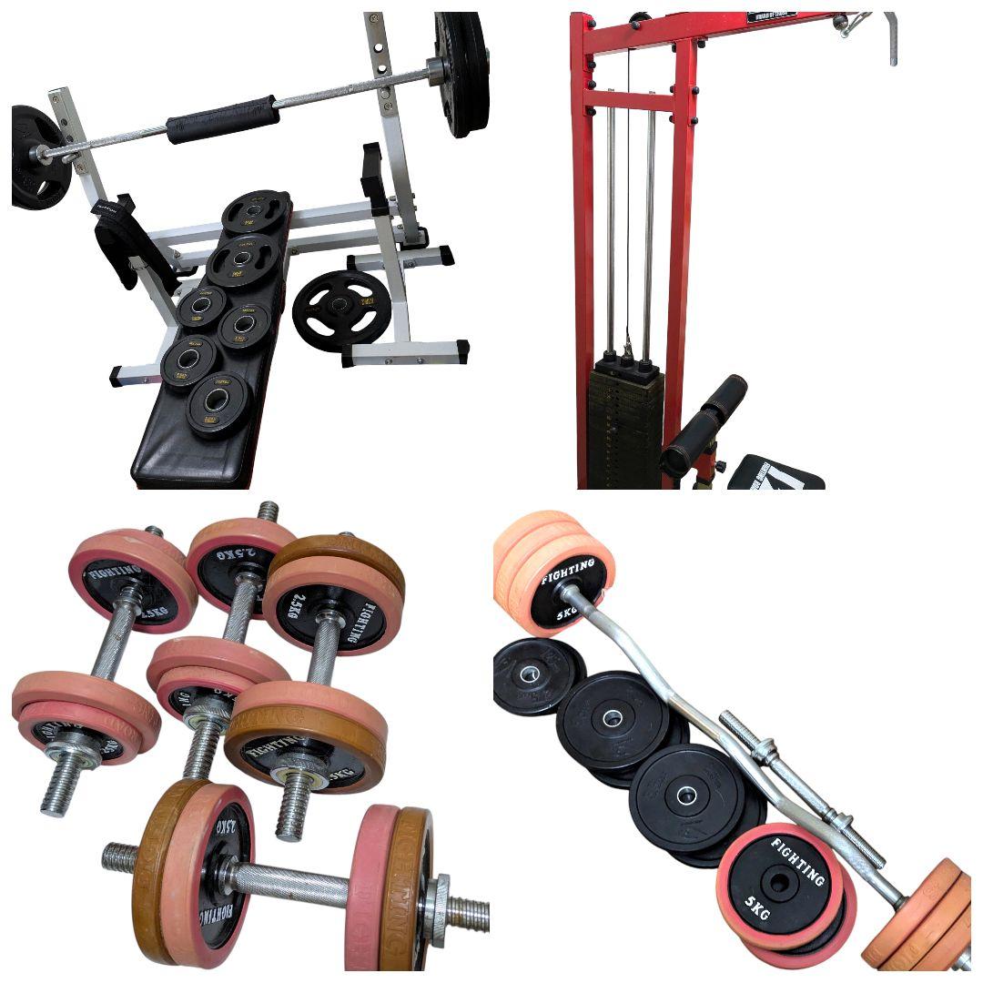 本格ジム一式 ベンチプレス(補助付) ラットマシン バーベル ダンベル【鹿児島】