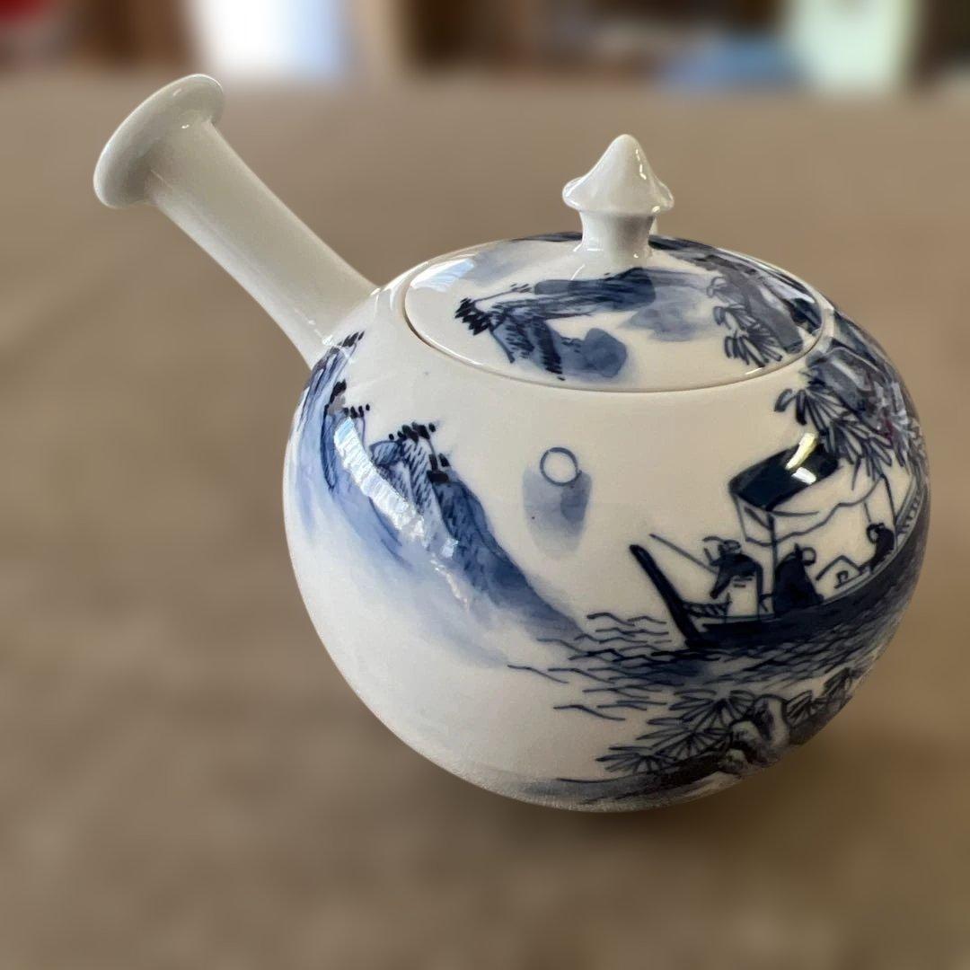 煎茶器　京焼　平安春峰　染付漢詩山水図急須