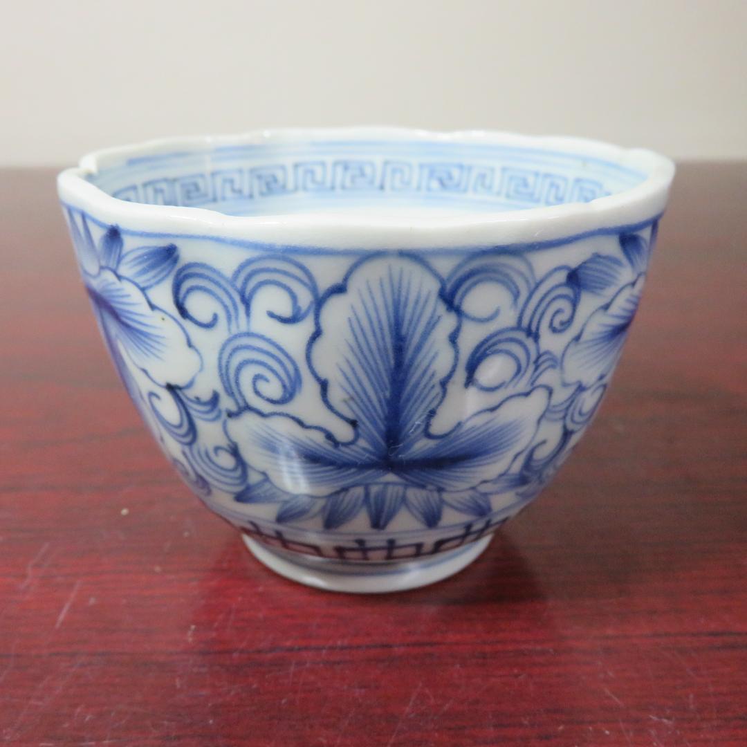 蕎麦猪口 5ケ 染付 向付 線画 古伊万里 窯傷 松竹梅 花文様