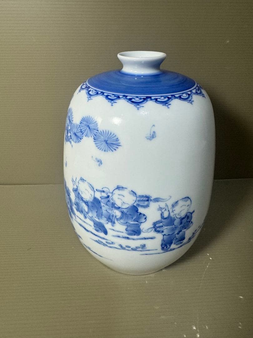 2568 平戸祐祥　染付　唐子絵　花瓶　未使用