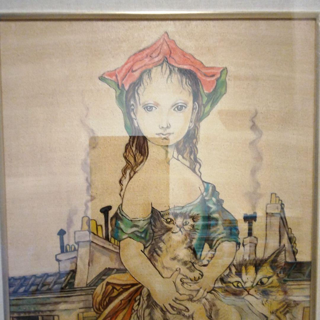 藤田嗣治　油彩F8号　パリ屋根の前の少女と猫　表サイン　裏　田村孝之介鑑定書貼付