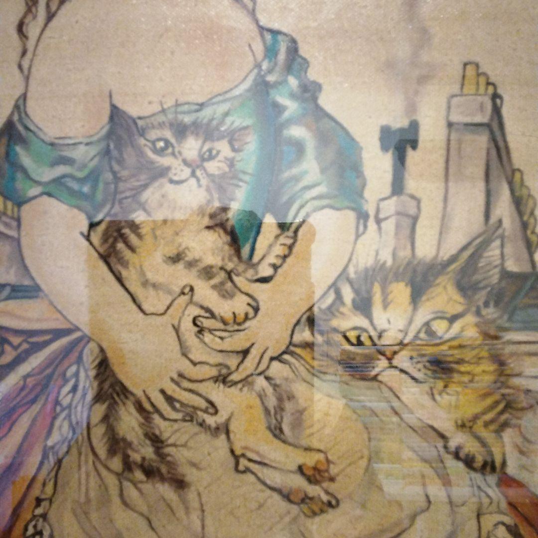 藤田嗣治　油彩F8号　パリ屋根の前の少女と猫　表サイン　裏　田村孝之介鑑定書貼付