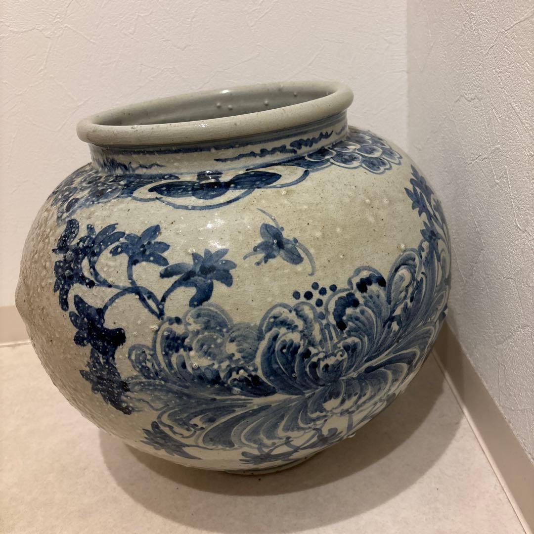 花器　壺　鉢カバー　植木鉢　大きめ　ビンテージ　青　花柄　レトロ　送料込み