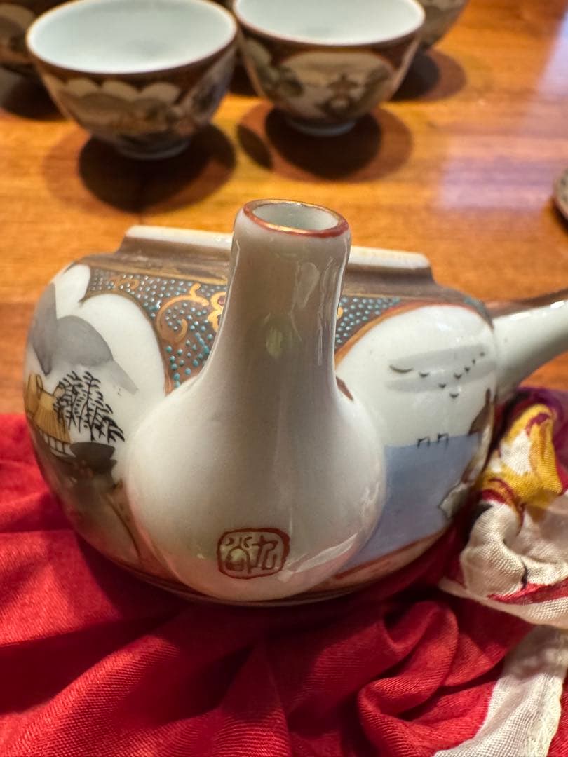 【希少品】大正期　骨董品　古九谷　急須/ 湯冷まし/茶碗4客　青粒模様