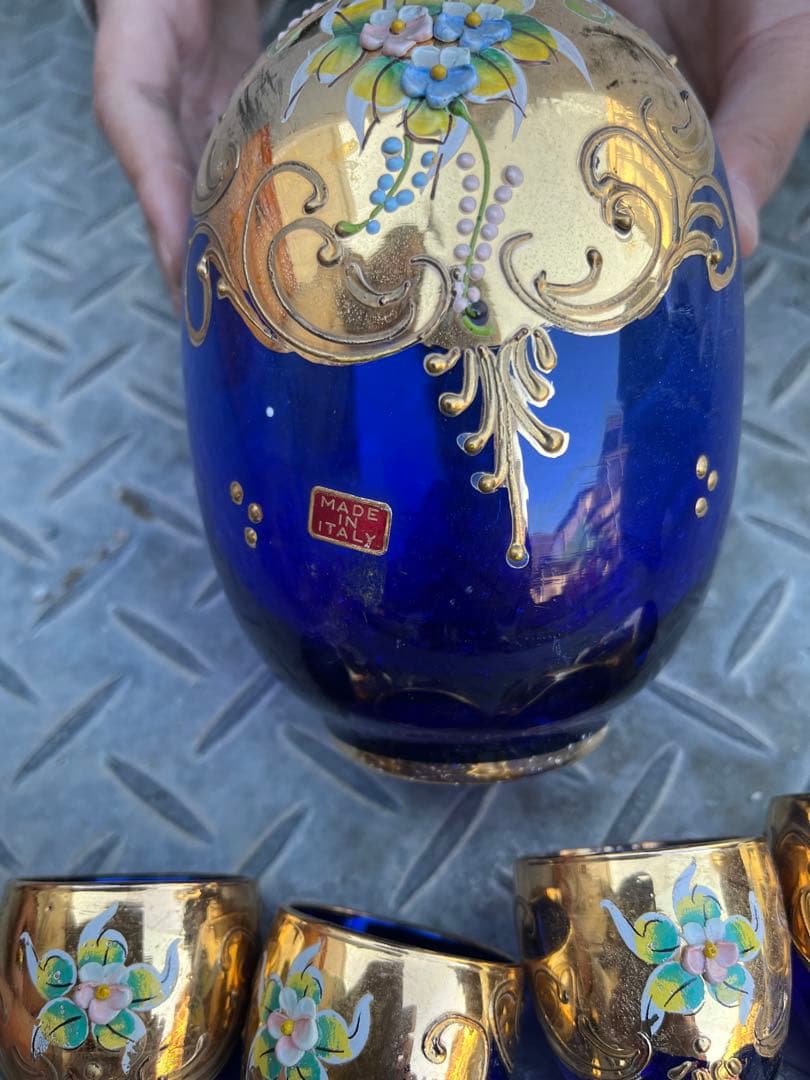 イタリア製 青色ガラス コップ4個　瓶1個　ベネチアンガラス　ムラーノ