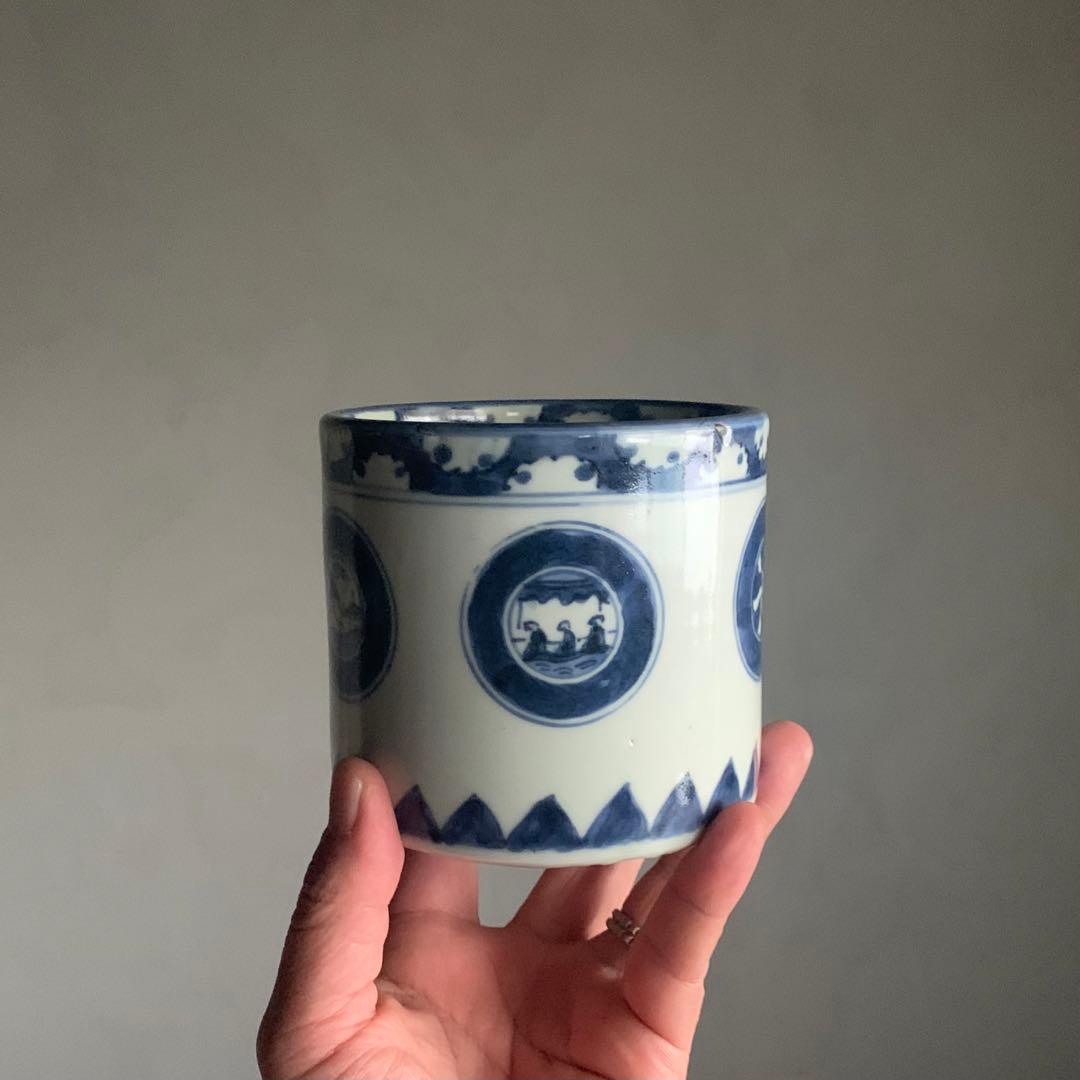 染付 丸文 破れ雪輪 火入れ 筒茶碗 古美術 古道具 アンティーク