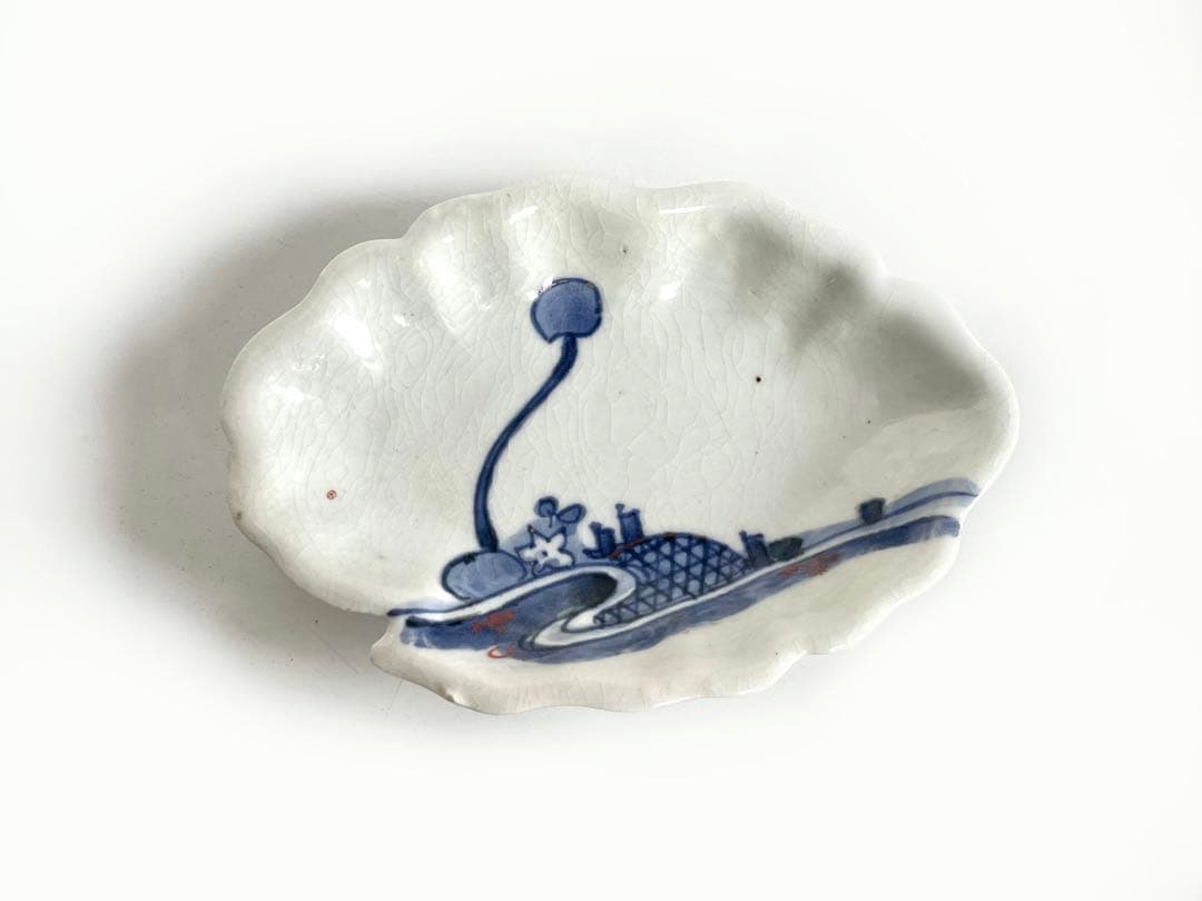 骨董　アンティーク　古九谷金銀彩　蛇籠文様　葉形　皿　変形皿　甘手