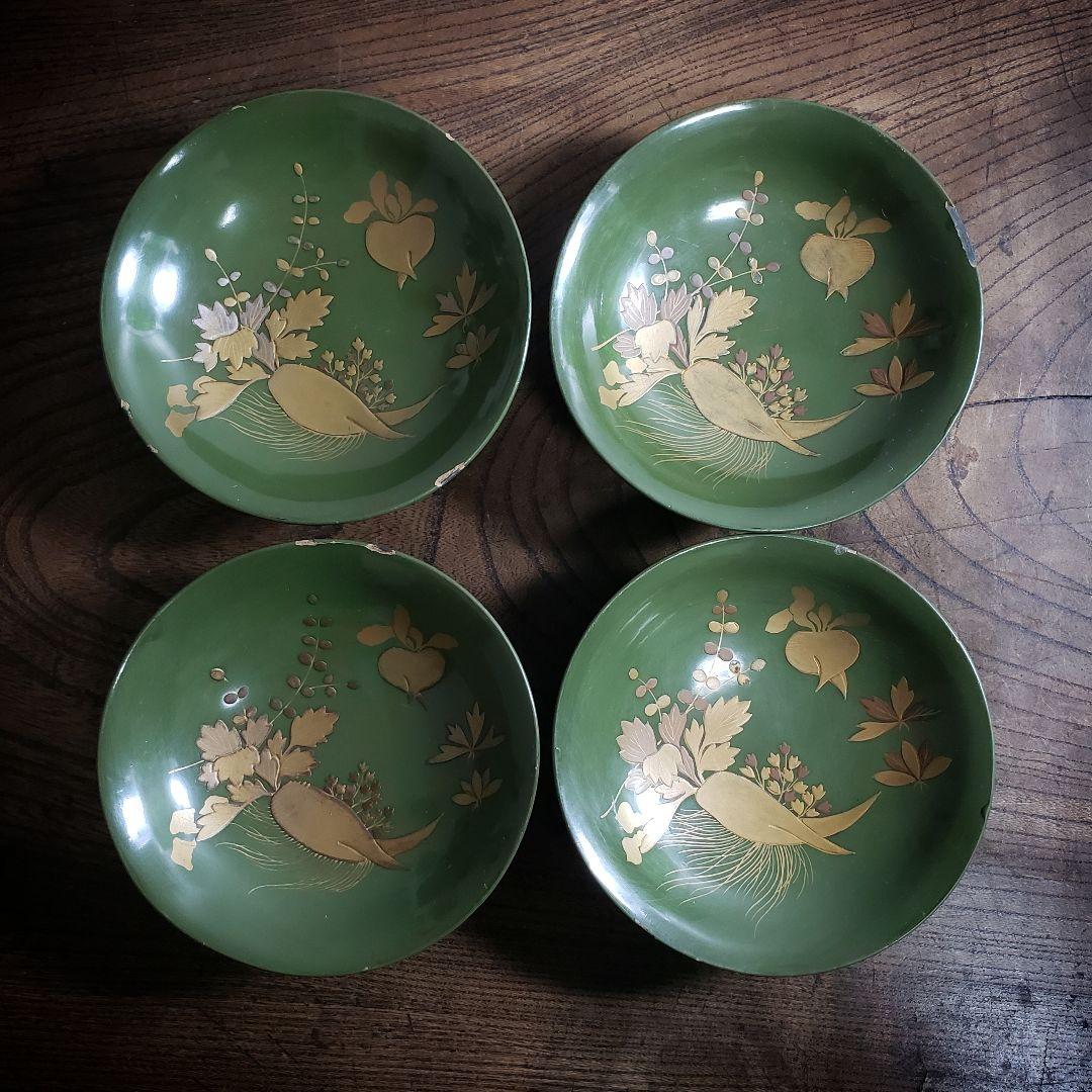 銘々皿　漆器　緑漆　青地　小皿　木製　金蒔絵　蕪　大根　なずな　明治　4枚　ロ号