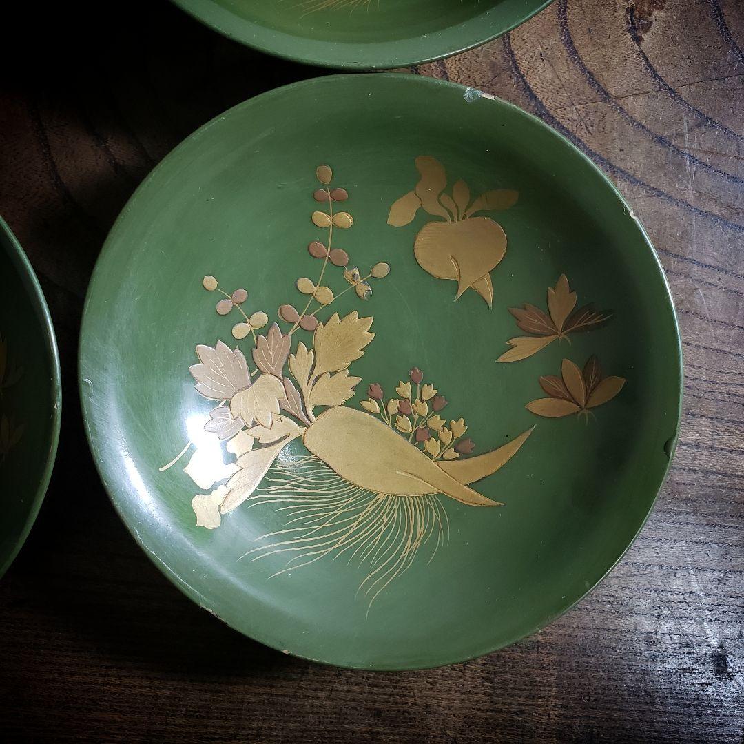 銘々皿　漆器　緑漆　青地　小皿　木製　金蒔絵　蕪　大根　なずな　明治　4枚　ロ号