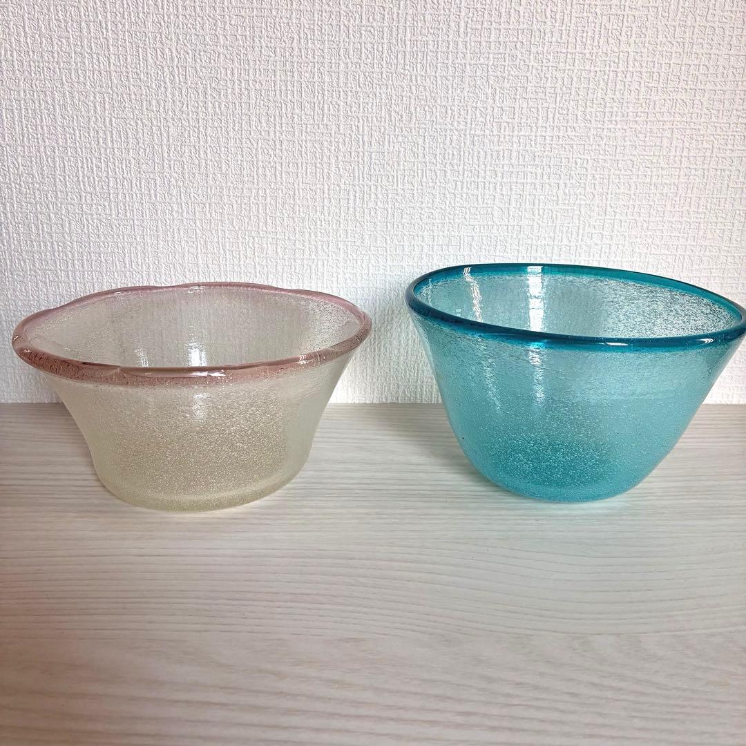 51【倉敷ガラス】小谷眞三 ピンクフチ泡大鉢