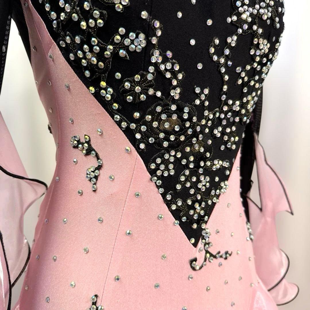 6264★SM ピンク 黒 フリル スタンダードドレス社交ダンス