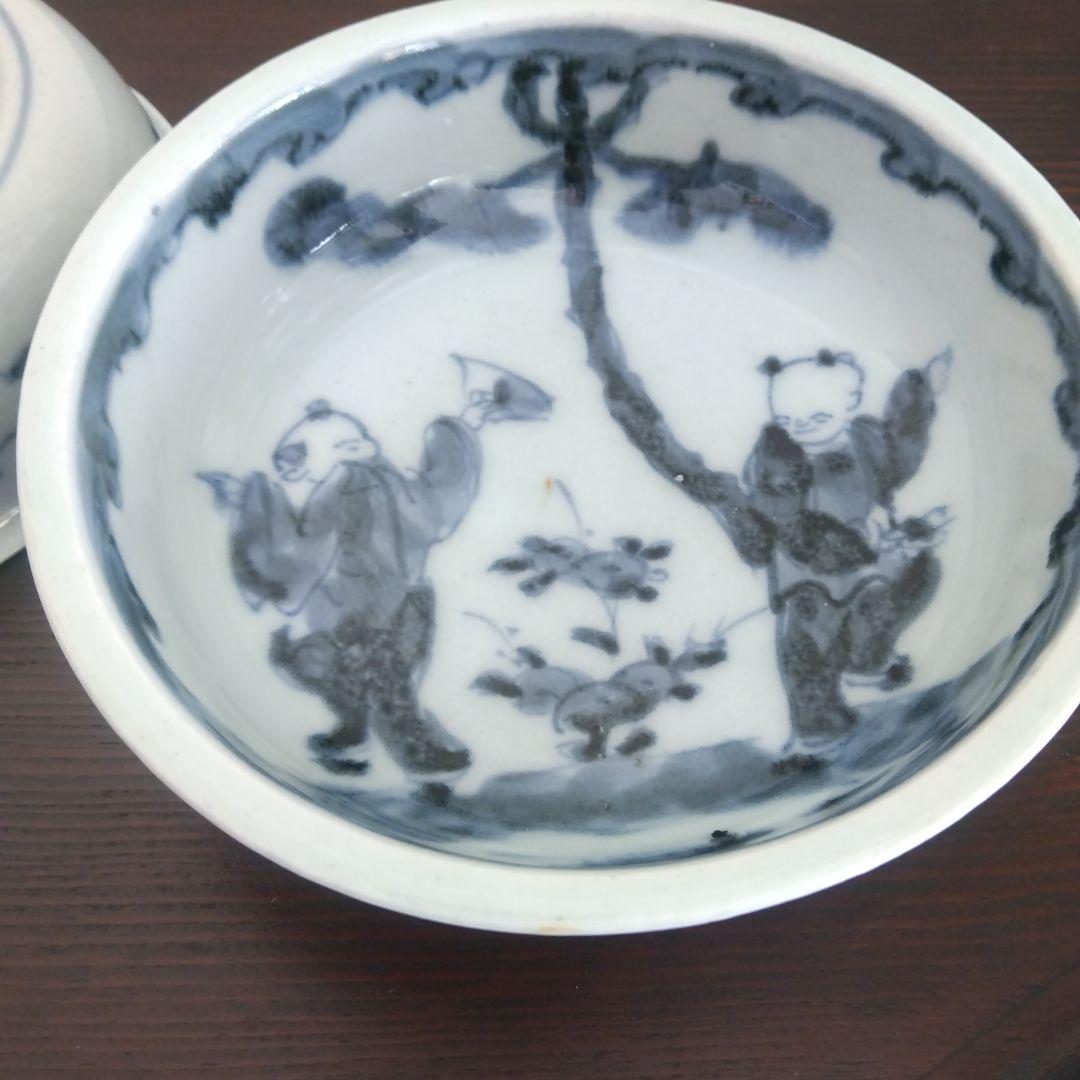 古伊万里 三平皿二点 染付手描き 唐子図柄 上手