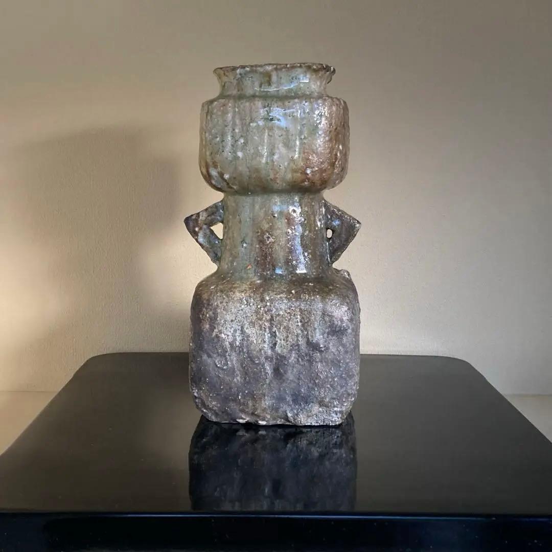 信楽焼 伊賀焼 谷清右衛門造 伊賀花入 耳付花入 花器 茶道具 共箱 共布