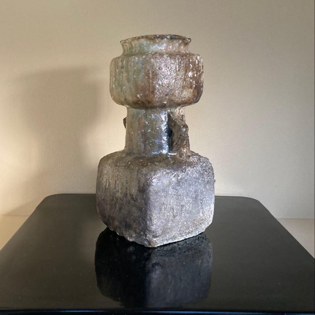 信楽焼 伊賀焼 谷清右衛門造 伊賀花入 耳付花入 花器 茶道具 共箱 共布