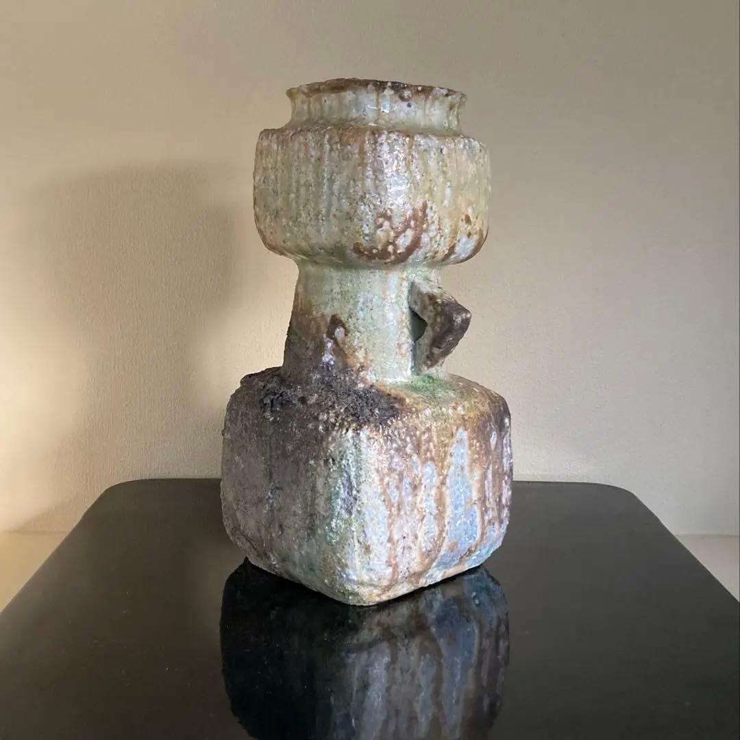 信楽焼 伊賀焼 谷清右衛門造 伊賀花入 耳付花入 花器 茶道具 共箱 共布