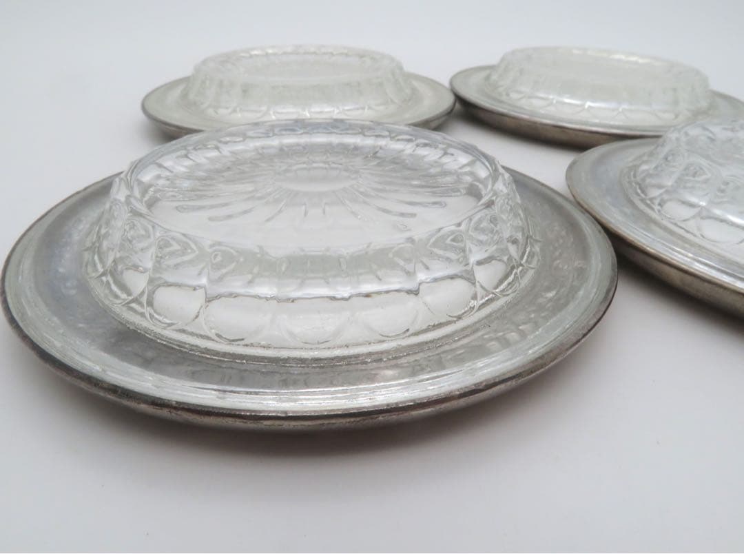 Vintage フローラル 純銀 ドリンクコースター クリスタルガラス4枚セット