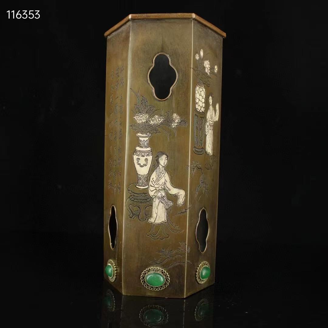 中国古美術・珍蔵純銅製・純手作り・仕女絵宝石入り筆立・文房置物・書道品·純手彫り