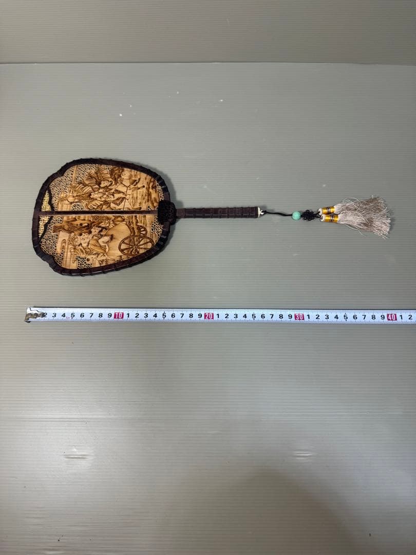 2268 中国美術 唐木造 白檀透彫刻 翡翠 軍配型硯屏 団扇　唐物　時代物