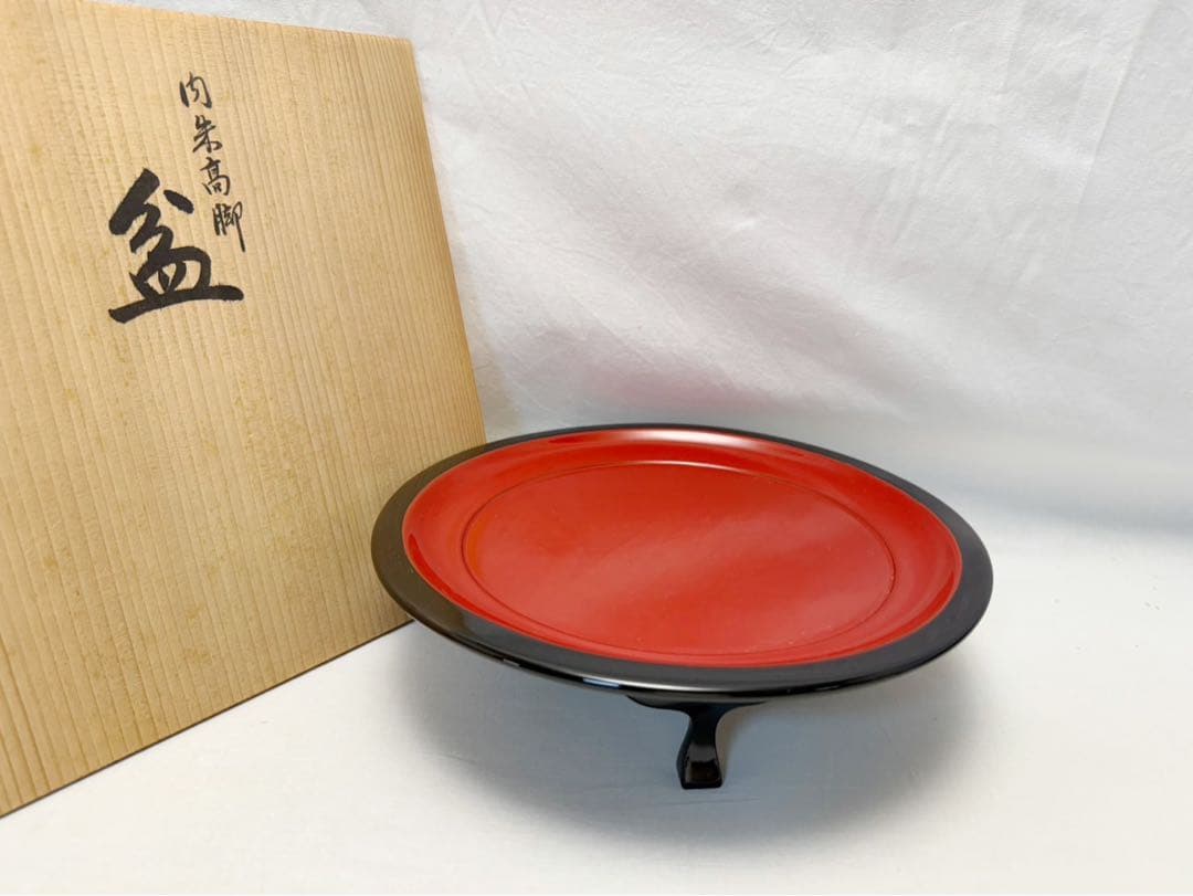 茶道具 京指物師亀雄斎作 内朱高脚盆東大寺龍松院第二百二十一世別当寬秀サイン共箱