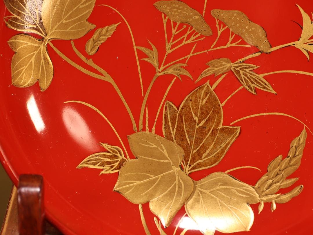 BK421　時代輪島塗　草花図金蒔絵　吸物椀　五客　木製　茶道具 懐石 菓子