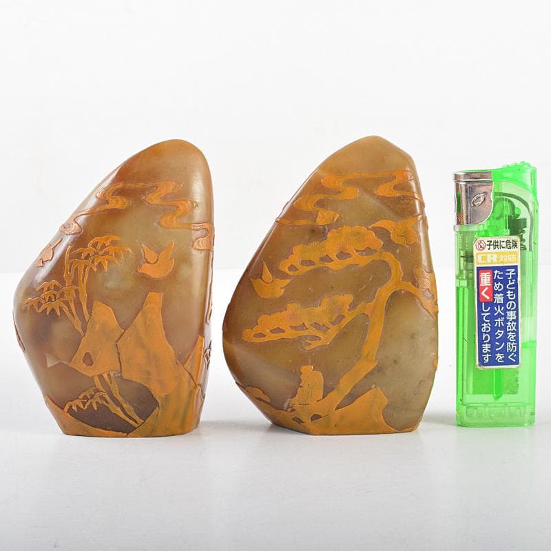 中国　玉石彫刻　山水人物刻　置物　2点　時代箱付　M　R5800