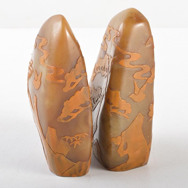 中国　玉石彫刻　山水人物刻　置物　2点　時代箱付　M　R5800