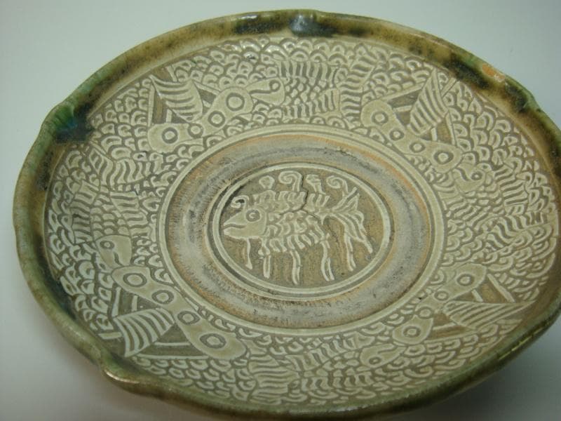 皿■青磁魚文 四ツ口皿 魚紋 古い菓子鉢 古玩 中国 時代物 骨董品■