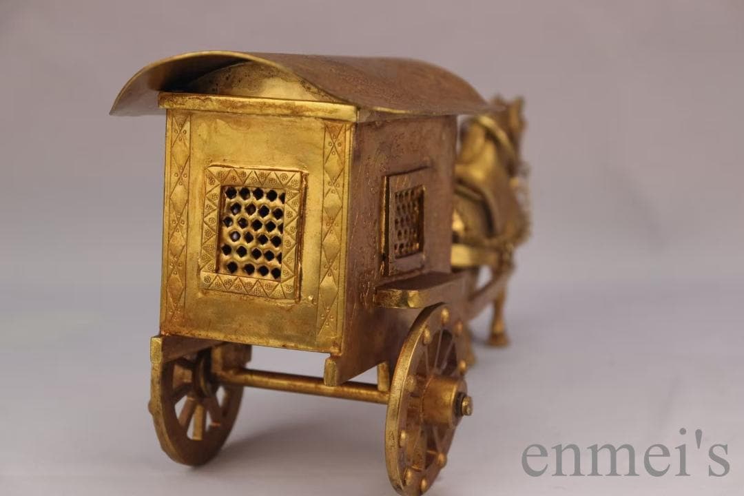 中国古美術 旧蔵 鍍金銅馬車 精銅製 彫刻置物 装飾 文房置物 純手作り 重器