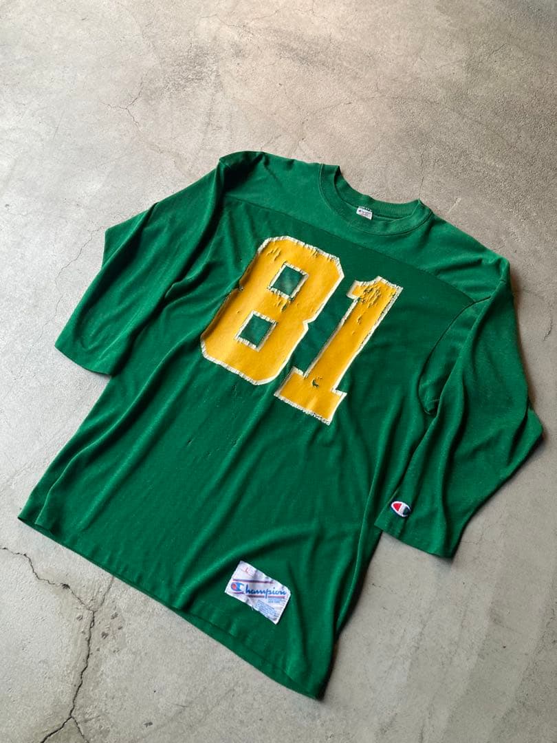 80s champion フットボールTシャツ L 緑 ボロ USA製