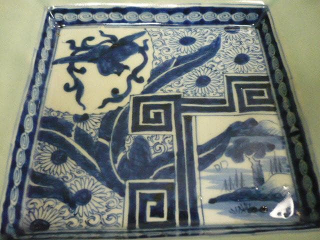 伊万里 青磁 染付 窓絵 花唐草 角皿 [B31461]