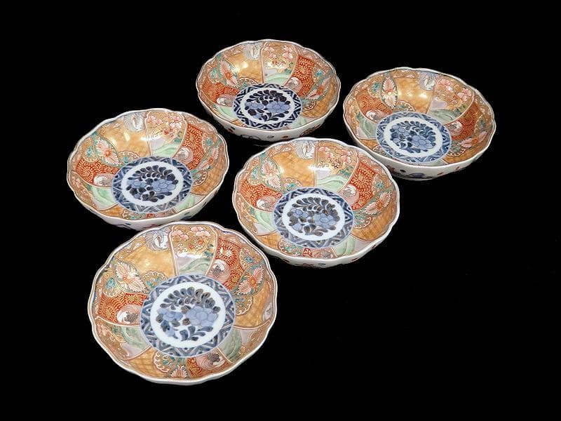 古伊万里　金襴手　松竹梅に鶴亀の図　膾皿　５客　D942AS-BNu