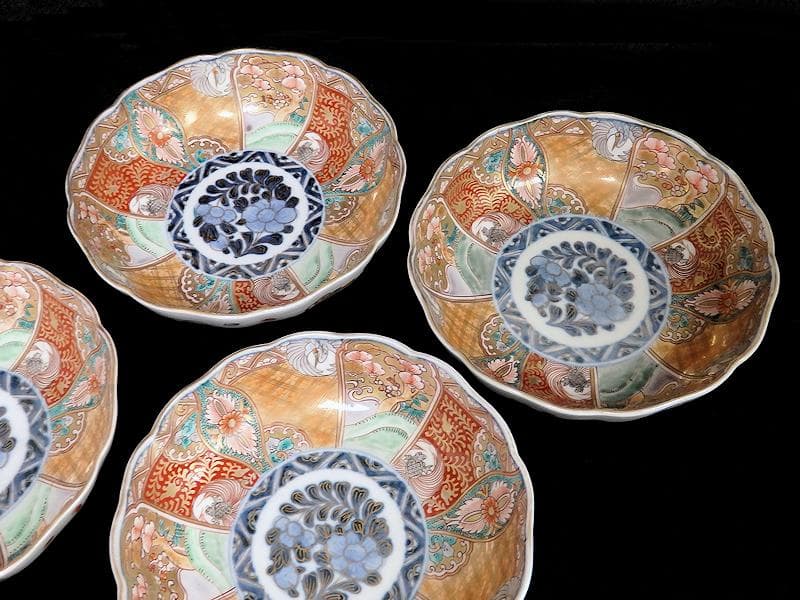 古伊万里　金襴手　松竹梅に鶴亀の図　膾皿　５客　D942AS-BNu