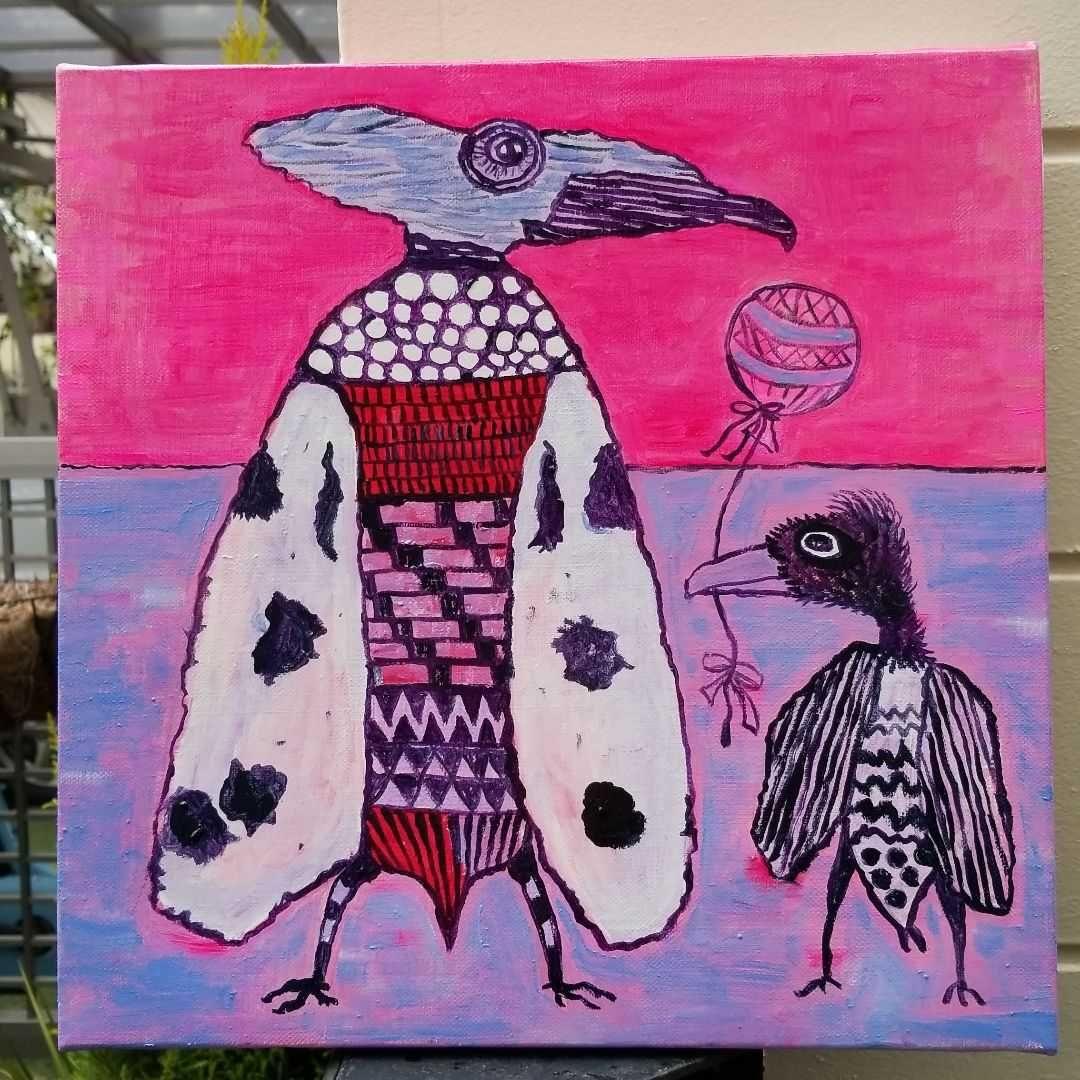 油絵　専用　きれいな鳥のお父さんと子ども