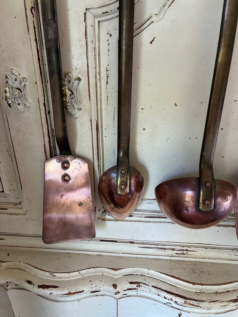 フランス　アンティーク　銅製 レードル ５本　壁掛け　ラック　プロ用　コッパー