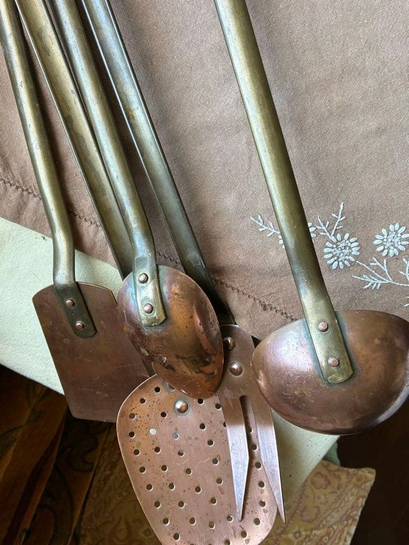 フランス　アンティーク　銅製 レードル ５本　壁掛け　ラック　プロ用　コッパー