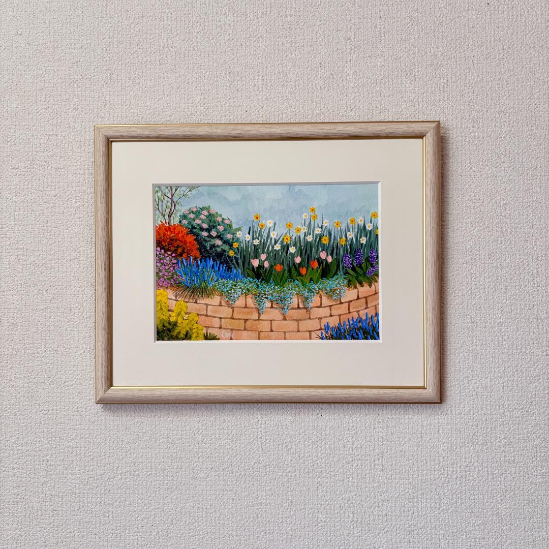 アクリル画　原画　「小さな花壇04」額縁付　SMサイズ　風景画