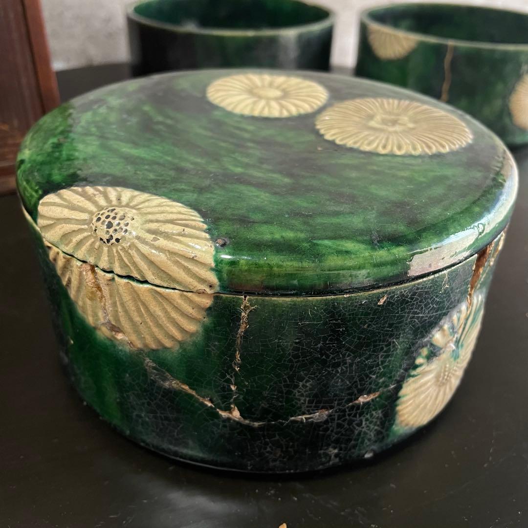 陶器　三段重　アンティーク　骨董品　貫入　金継ぎ　焼物　蓋物