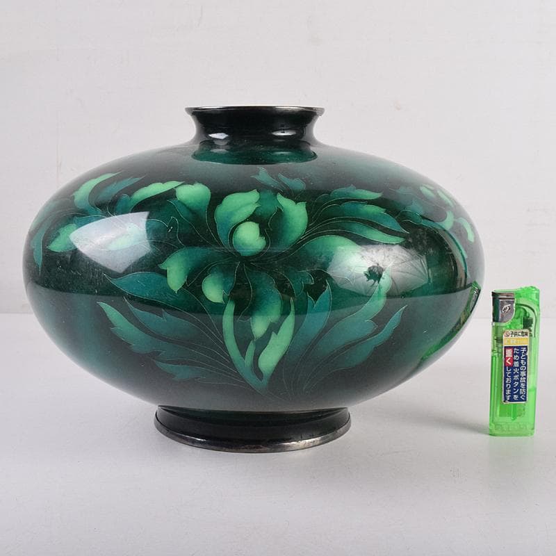 七宝焼　安藤七宝店　SILVER刻印　翡翠釉　花文　花瓶　共箱　M　R8879B