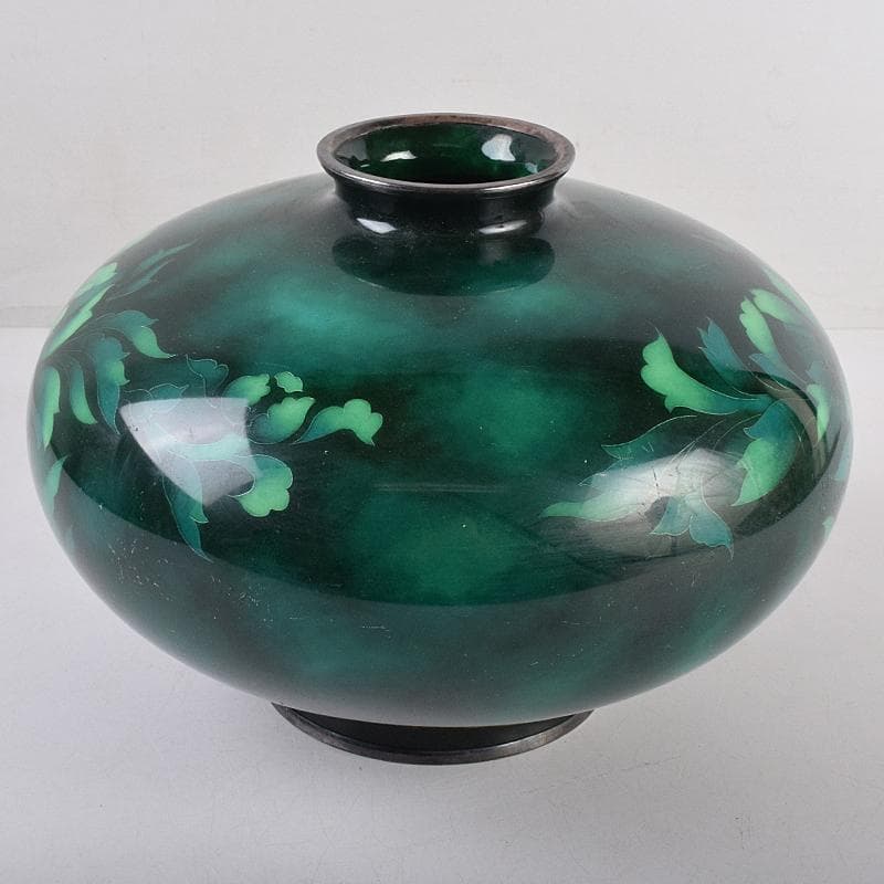 七宝焼　安藤七宝店　SILVER刻印　翡翠釉　花文　花瓶　共箱　M　R8879B