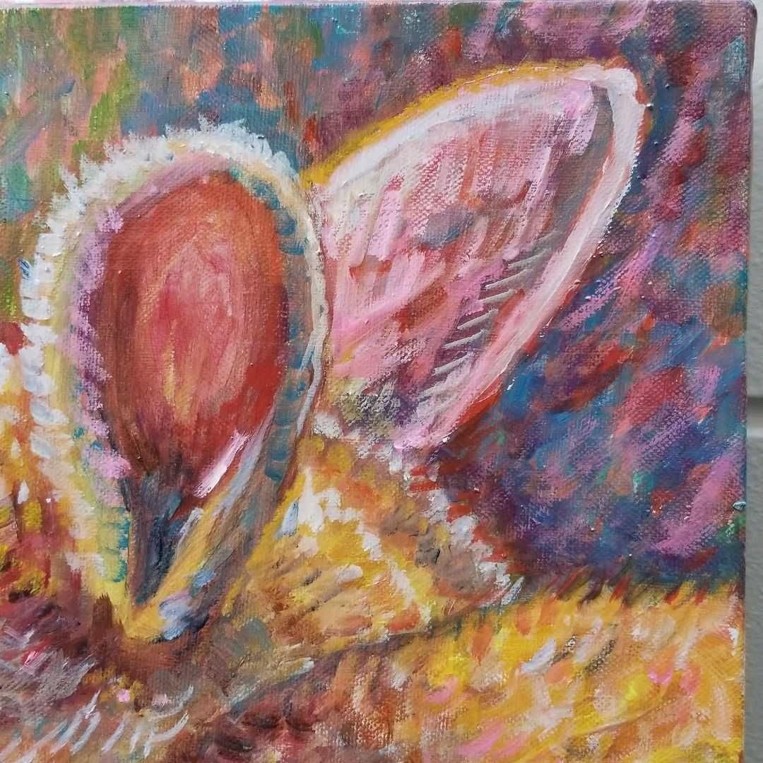 キャンバス油絵　専用　朝焼けを見る ななめうしろむきのうさぎ　印象派風