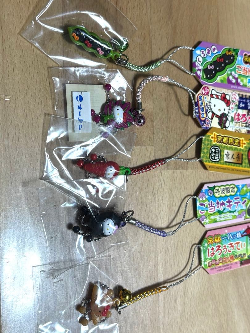 【未使用】ご当地キティ 根付 5点 京都・金沢・丹波 野菜＆京菓子シリーズ