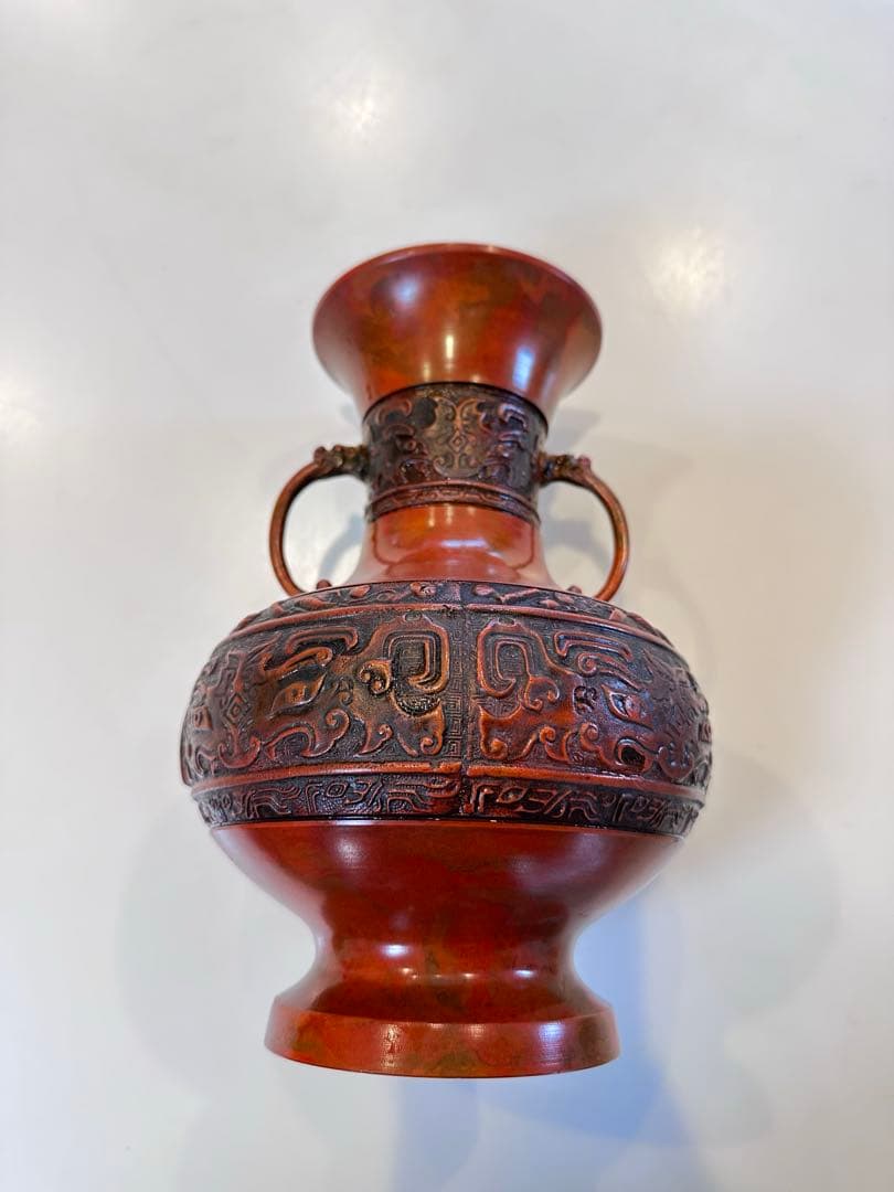 古い 高岡銅器 耳付花瓶 天龍 龍泉堂 在銘｜銀婚記念 香川県警察職員互助会