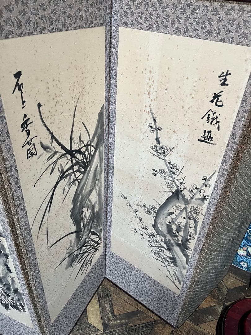 中国屏風 刺繍 雲林山房一修 四季山水 インテリア アンティーク