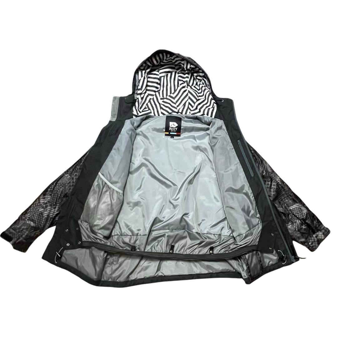 ラスティ スノーボードウェア ジャケット 総柄 黒赤 刺繍 L スキー 多機能