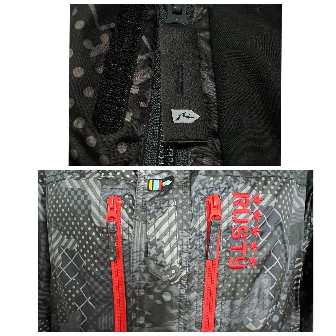 ラスティ スノーボードウェア ジャケット 総柄 黒赤 刺繍 L スキー 多機能