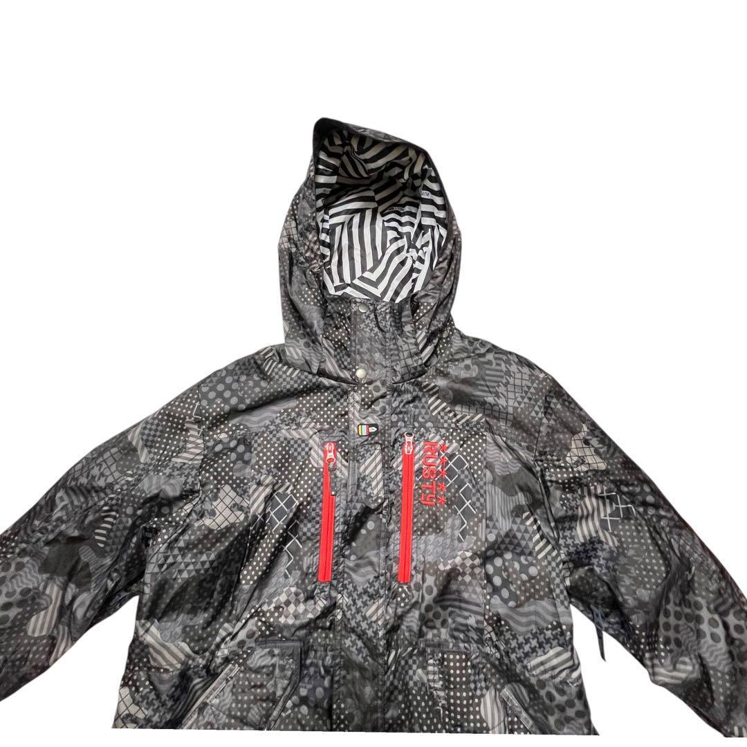 ラスティ スノーボードウェア ジャケット 総柄 黒赤 刺繍 L スキー 多機能
