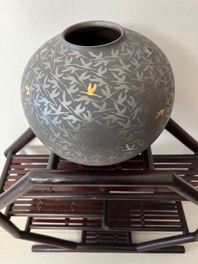萬古輝彩鶴文壺、醉月窯、陶器、工芸品、古美術、花器、壺、飾り