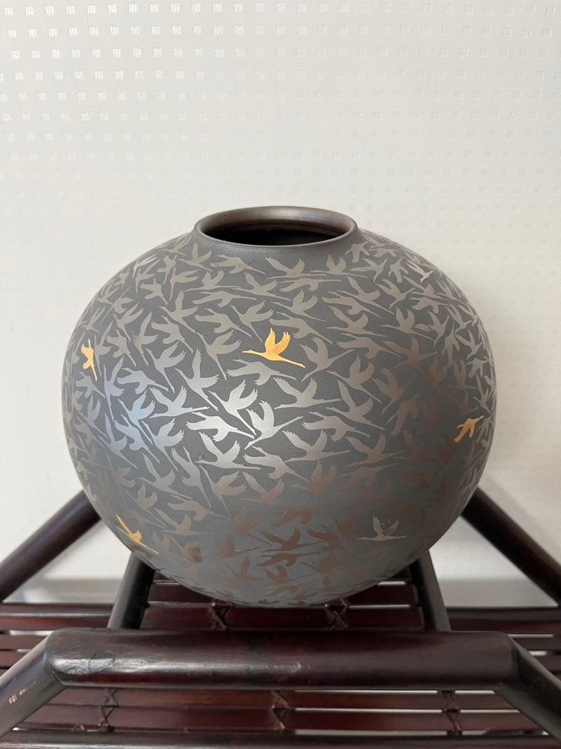 萬古輝彩鶴文壺、醉月窯、陶器、工芸品、古美術、花器、壺、飾り